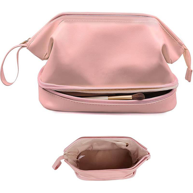 Pink Women Portable Double Layer Cosmetic Bag Custom Emboss Logo Large Travel Pu Leather Make Up Organizer Toiletry Bag