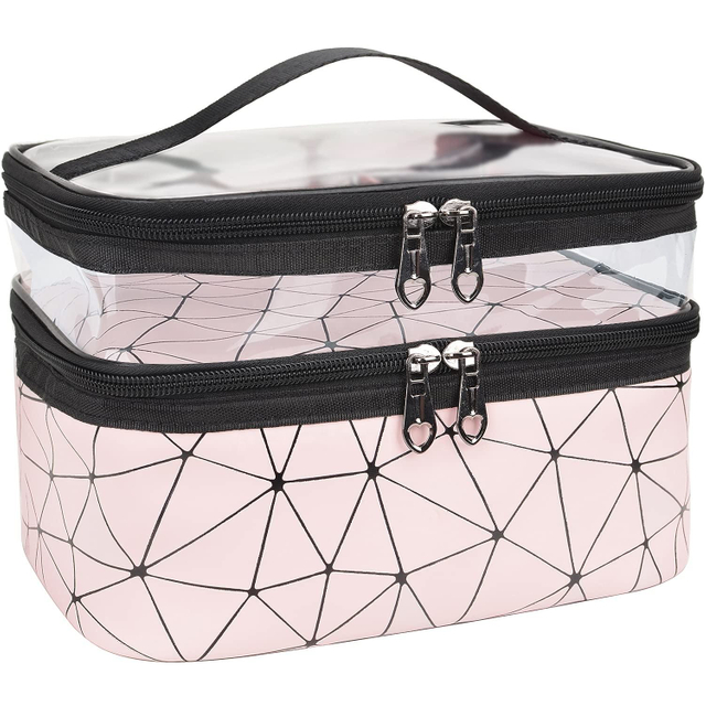 Durable Ladies Private Logo Two Layer Travel Makeup Toiletries Organizer Bag with Handle Storage Cosmetic Pouch Makeup Bag