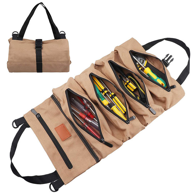 Wholesale Custom Portable Super Tools Wrench Storage Organizer Car Tool Roll Up Bag Canvas with 5 Zipper Pockets