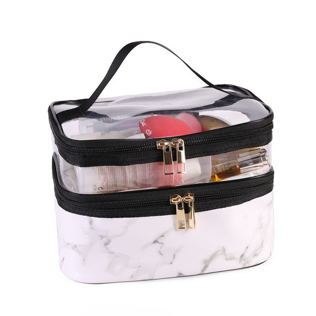 Portable Transparent Women Double Multi-function Wash Bag Large Cosmetic Storage Bag Marble Makeup Organizer