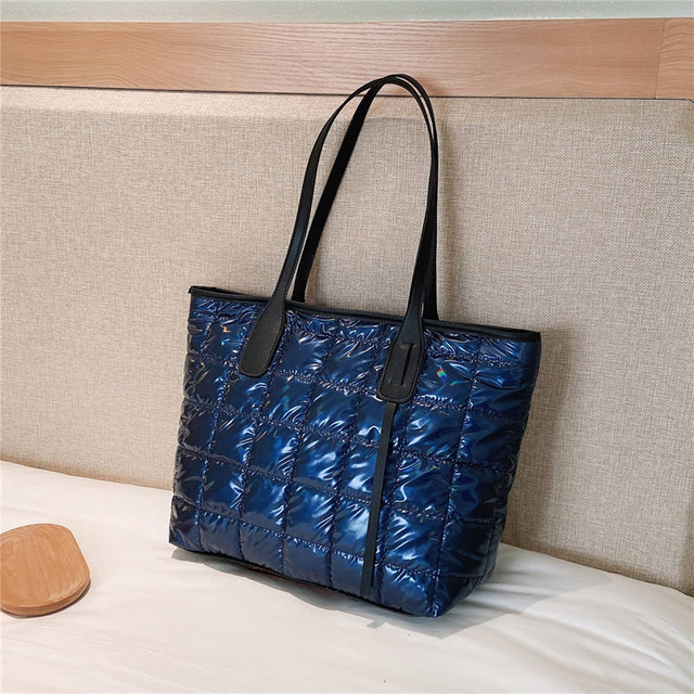 Travel weekender fashion lightweight soft nylon puffer hand bags tote quilted puffer quilting bag with leather handle