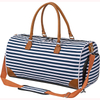 Blue Stripe Custom Cotton Canvas Duffel Bag with Luggage Belt, Waterproof Sports Gym Bag Duffle for Travel with Shoe Compartment