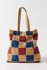 Large Capacity Corduroy Front Pocket Tote with Shoulder Bag Colorful Plaid Striped Corduroy Tote Bags