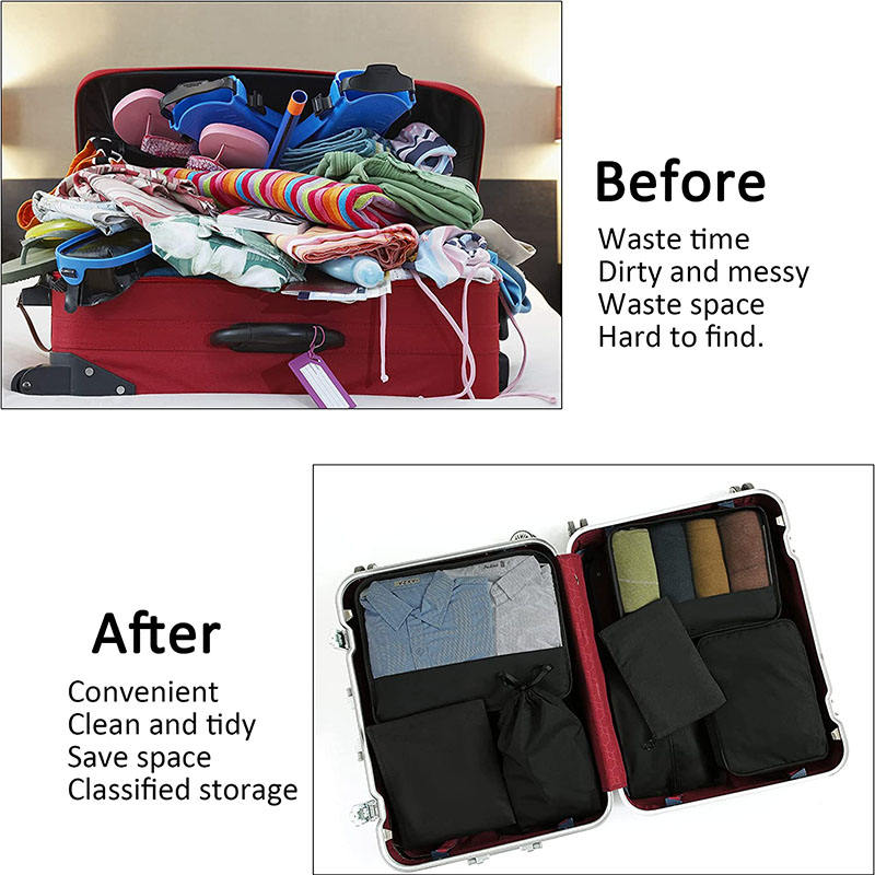 Black Waterproof Lightweight Compression Toiletry Bag Shoes Bags 7pcs Set Luggage Travel Packing Cubes