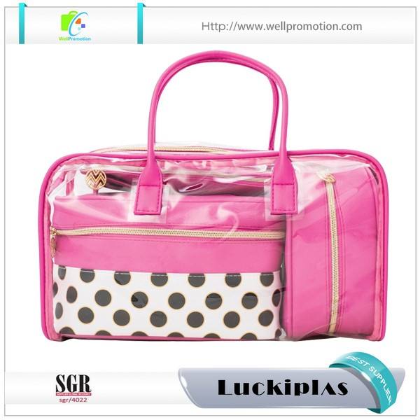 Transparent make up organizer PU cosmetic handbag clear vinyl travel bag set