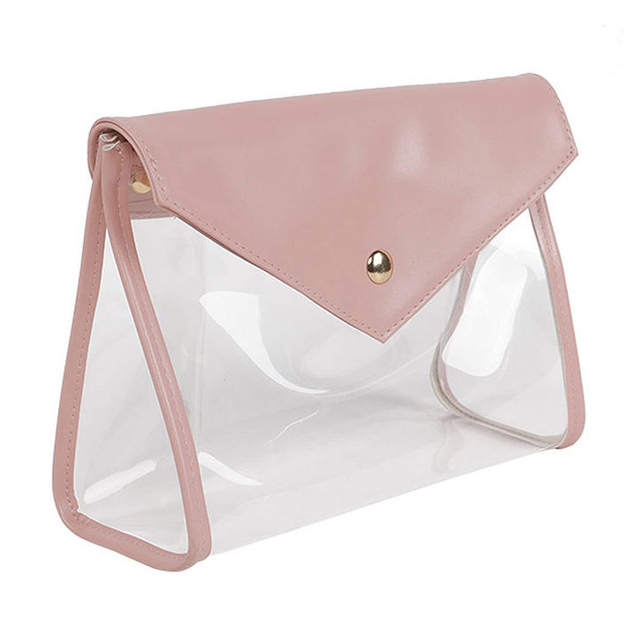 Clear PVC Pink PU Leather Small Cosmetic Storage Bag Travel Lightweight Waterproof Makeup Bag