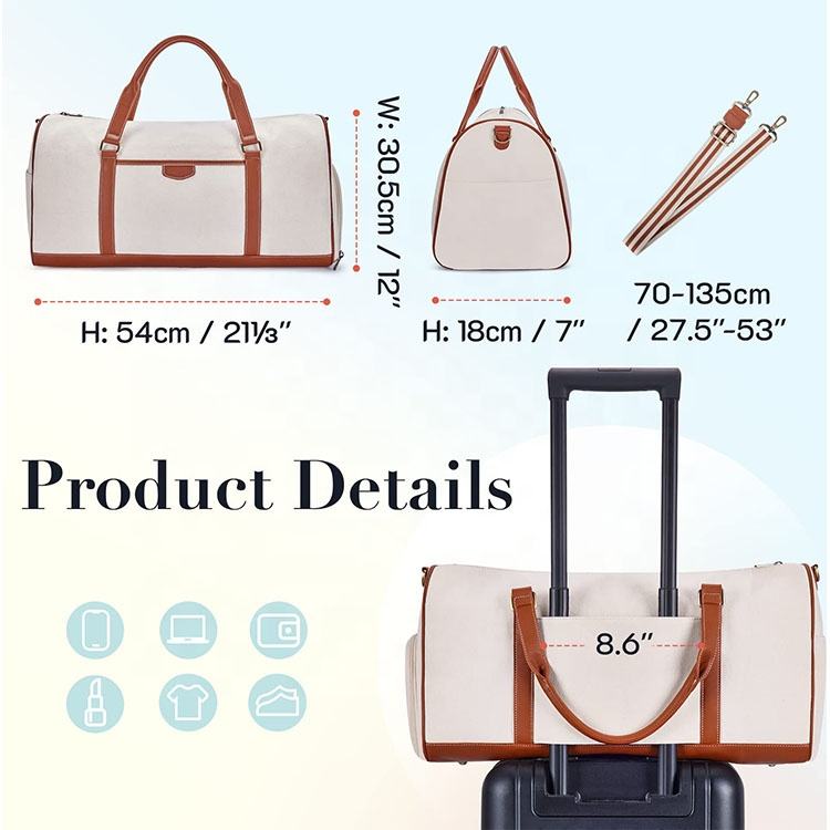Promotional China Factory Canvas Overnight Bag Leather Handle Custom Logo Travel Weekender Gym Tote Bag with Luggage Sleeve