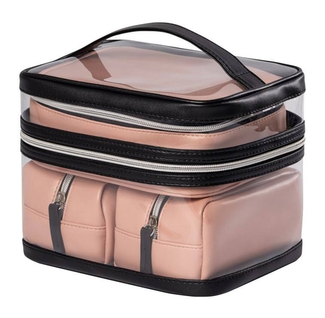 Double Deck 4pcs Clear PVC Bag Travel Organizer Set With Zipper for Cosmetics Pouch Women PU Leather Toiletry Makeup Bag