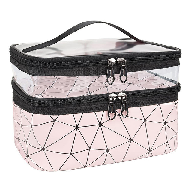 Pretty Ladies Double Deck PVC PU Makeup Organizer Bag Portable Travel Toiletry Storage Bag