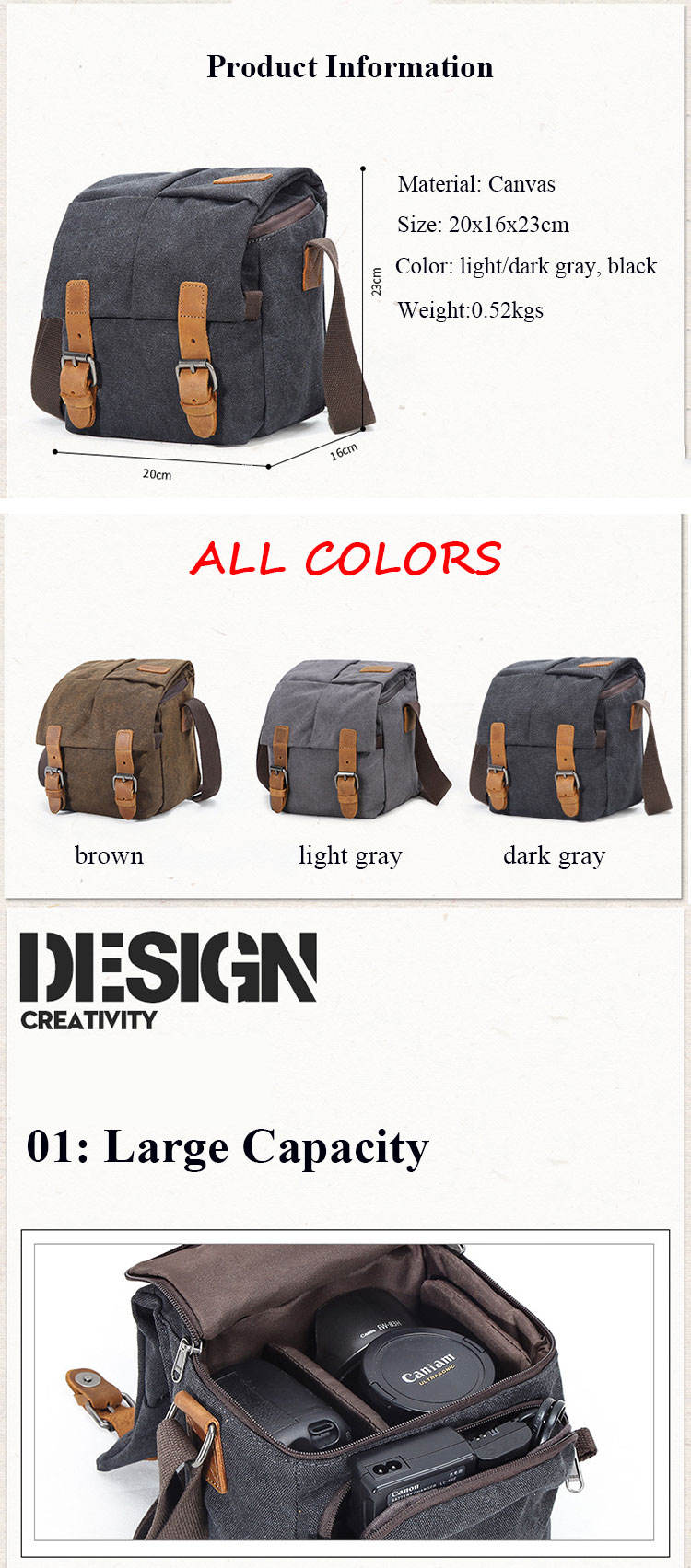 Canvas Leather Small Camera Messenger Bags Product Details