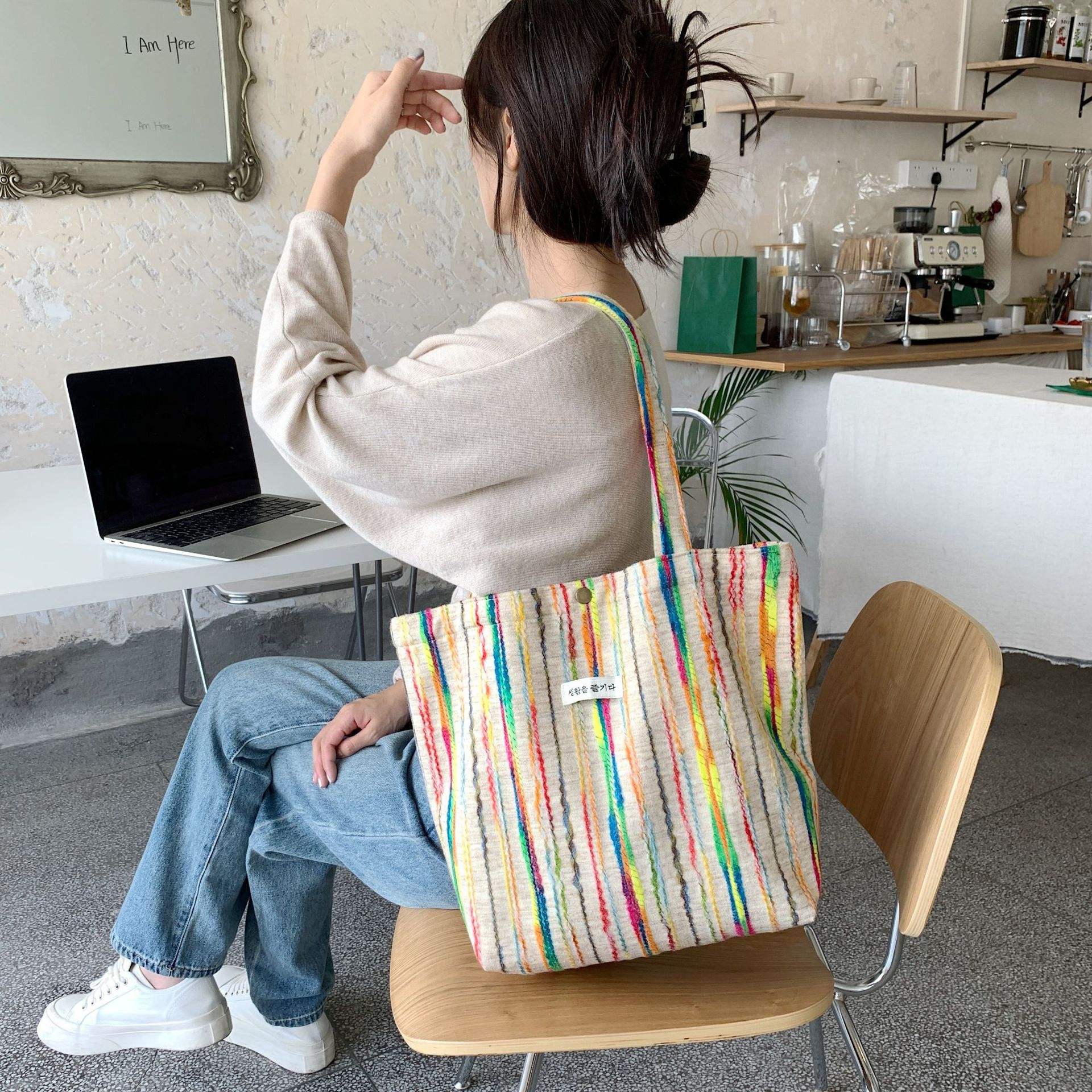 Korean version rainbow striped shoulder Ladies large capacity shopping bag casual tote bag