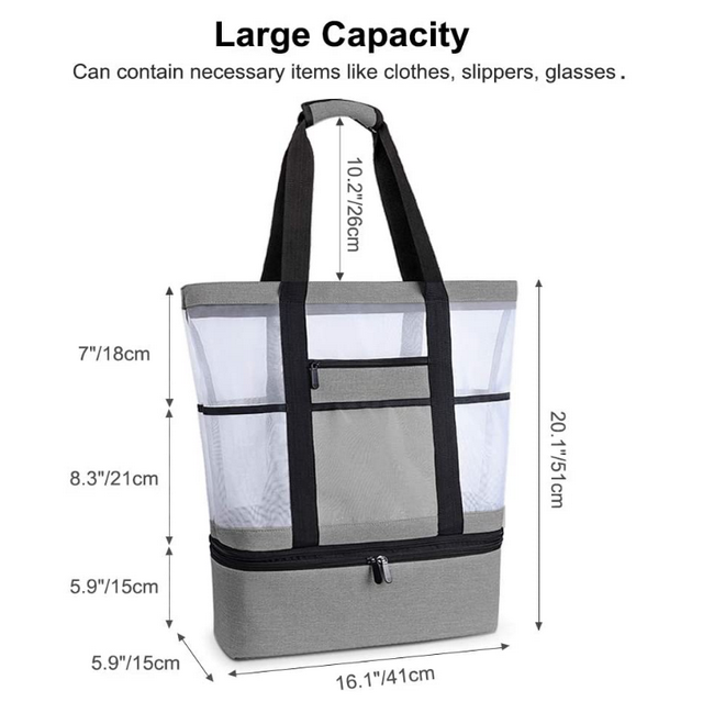 Wholesale nylon mesh beach bag, multi-function two layers picnic cooler tote bag