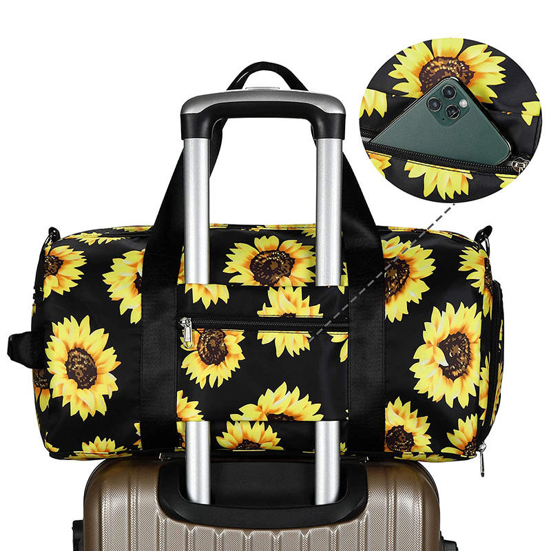 Cute Sunflower Printing Women Gym Sport Bag Weekend Overnight Travel Duffle Tote Bag With Shoe Compartment