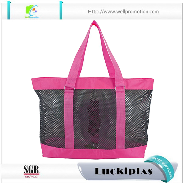 wholesale pink women handbags mesh beach tote bag with open front pocket