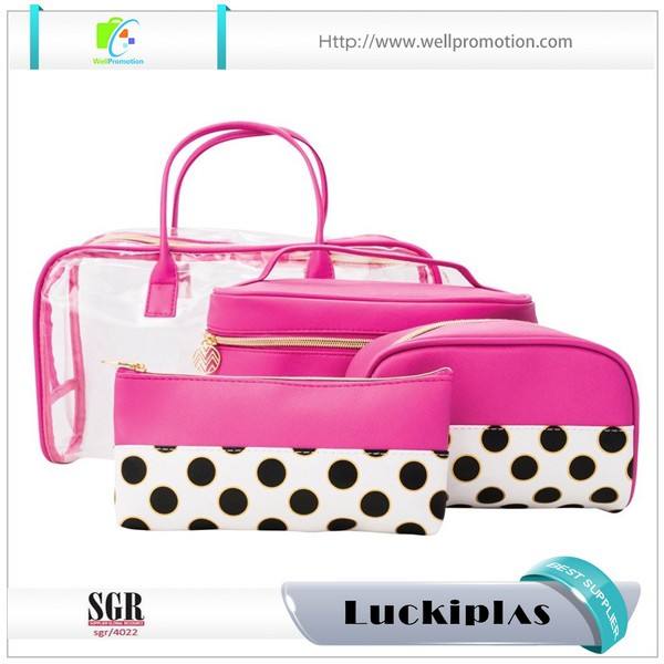 Transparent make up organizer PU cosmetic handbag clear vinyl travel bag set