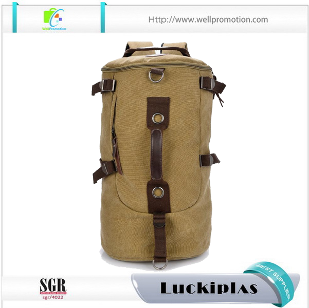 Durable retro vintage canvas travel duffel bags ,cylinder round hiking backpack