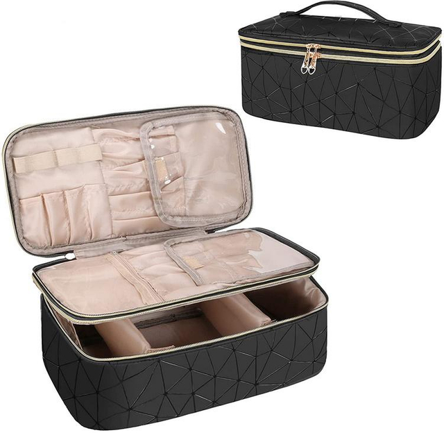 Waterproof Vegan Three Dimensional Pu Leather Cosmetic Makeup Bag Double Layer Toiletry Bags Large Capacity for Travel Skin Care