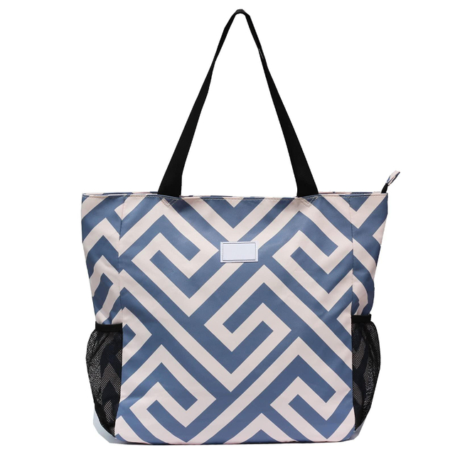 Custom Print Customized Logo Polyester Women Side Mesh Pocket Handbags Shopping Bag Tote Bags with Zipper