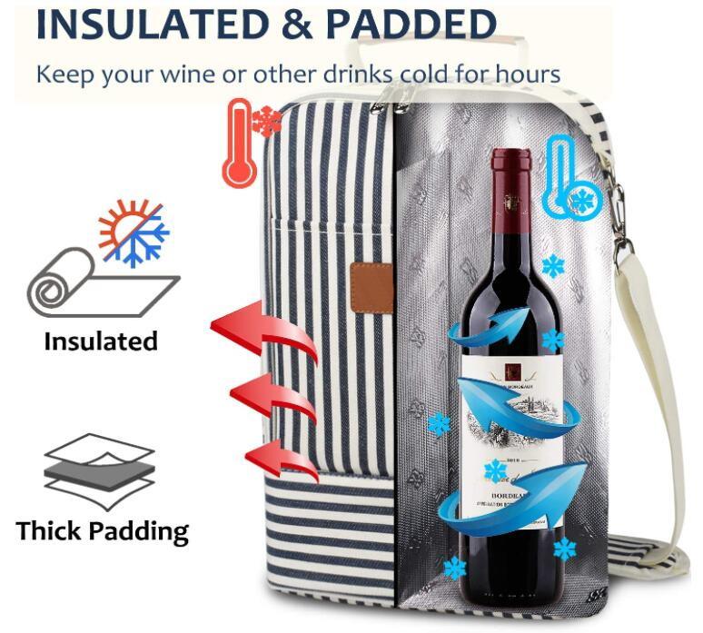Portable waterproof padded 2 bottle wine carrier thermal bags striped wine cooler insulated bag for travel party beach