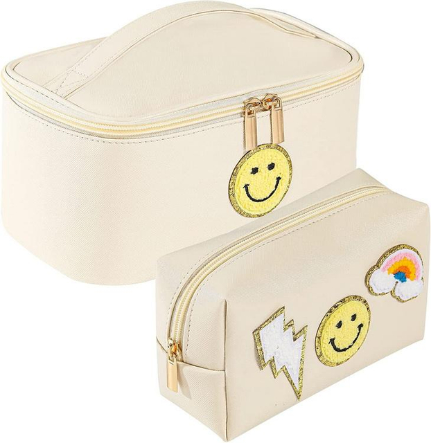 Hot Sell Smile Patch Waterproof Travel Organizer Personalised Leather Toiletry Bag Customized Pu Make Up Cosmetic Bags