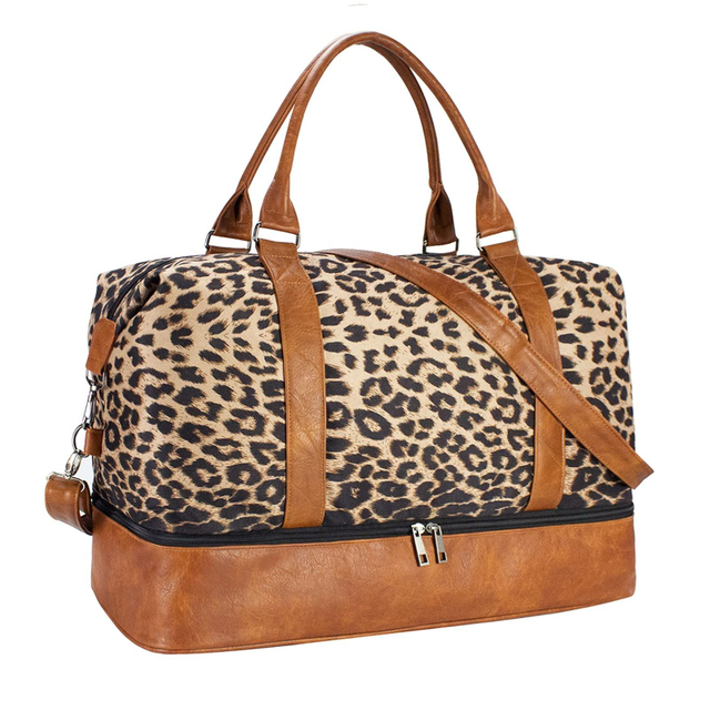Large Capacity Wholesale PU Leather Leopard Print Designer Travelling Tote Bag Shoes Compartment Luggage Overnight Duffel Bag