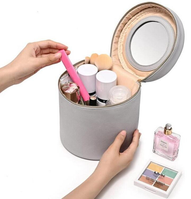 Custom Vegan Leather Make Up Brush Case Women Round Makeup Toiletry Organizer Travel Cosmetics Bag with Mirror