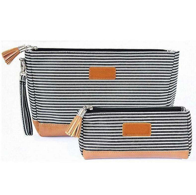 Luxury Women Striped Costom Fashion Cosmetic Pouch Makeup Brush Bags Travel Make Up Toiletry Accessories Bag with Leather Bottom