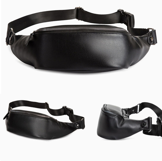 High Quality PU Leather Black Men Fanny Pack Waterproof Man Waist Bags Outdoor Bum Bag for Shopping
