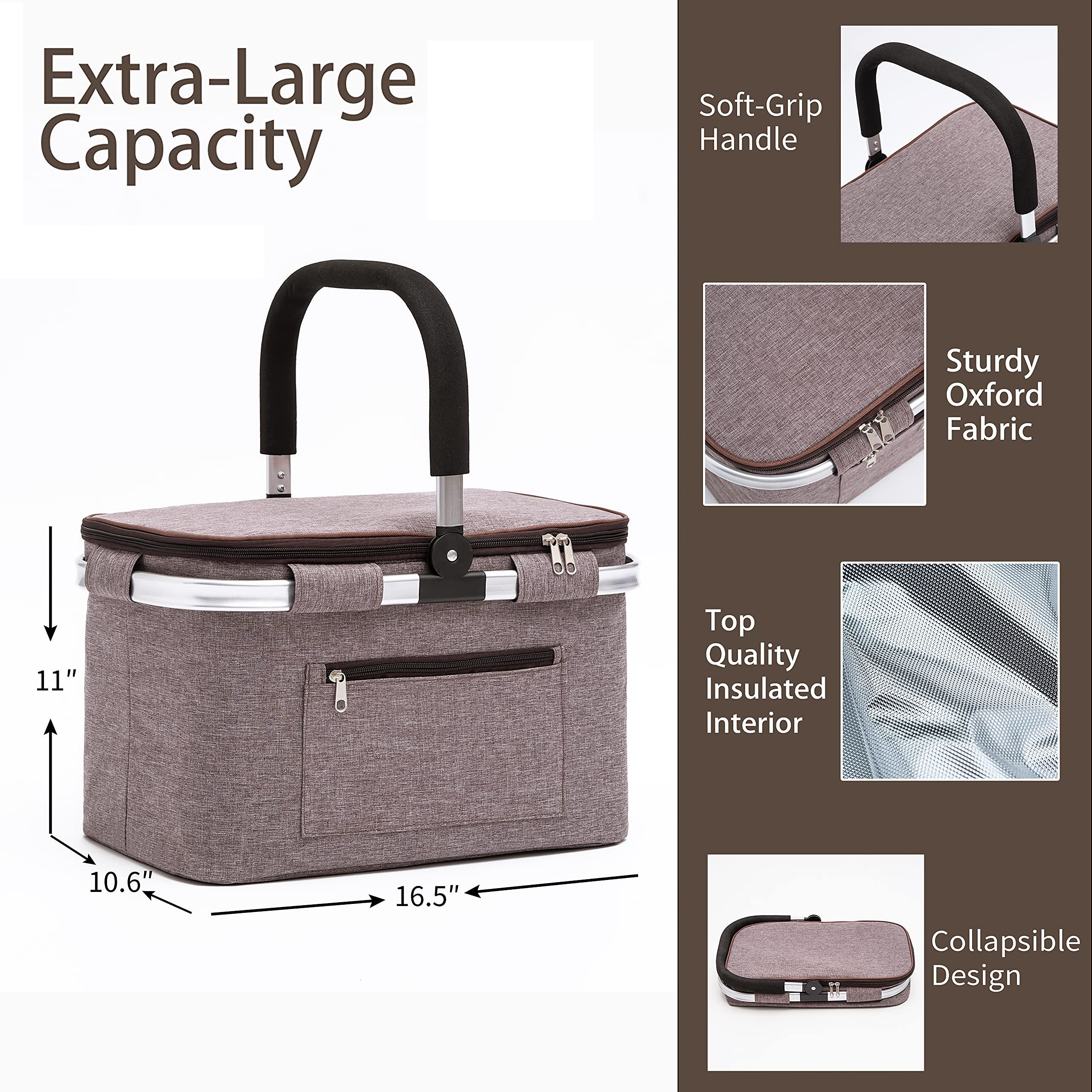 Large Picnic Basket Foldable Insulated Insulated Bag for Picnic, Food Delivery, Grocery Shopping,