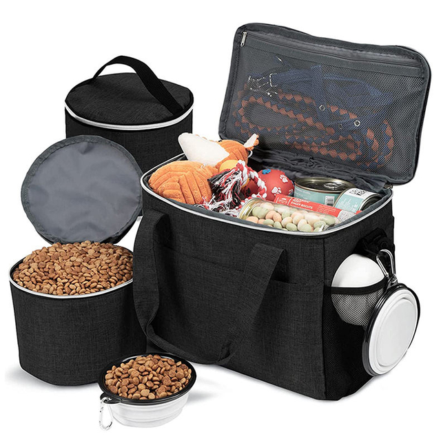 Pet supplies accessories storage essential kit travel bag for dog cat weekend tote pet travel bag with collapsible bowls