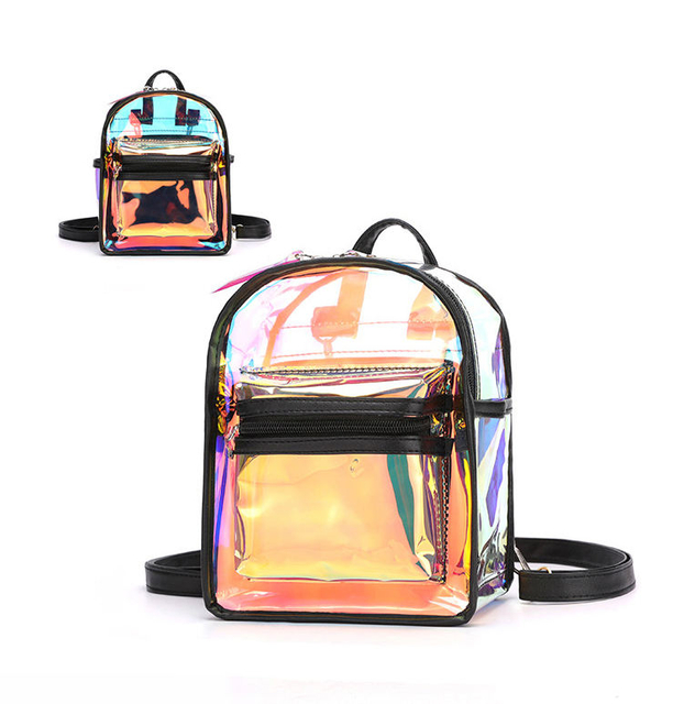 Customized Fashion Laser See Through Small Mini Clear Backpack Girl for Travel with A Leather Pouch