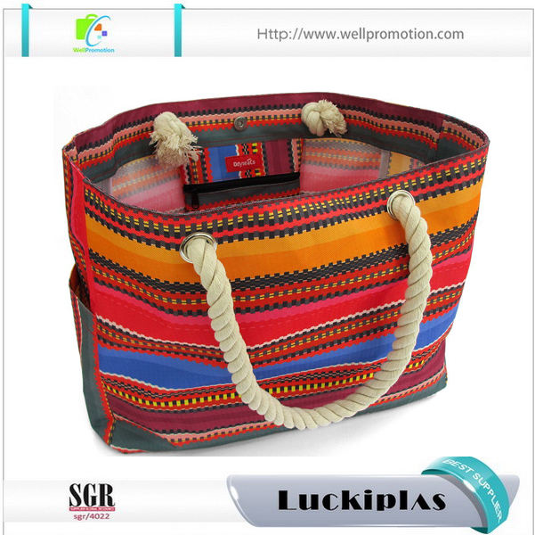 Fashion summer canvas tote beach bag with zipper and rope
