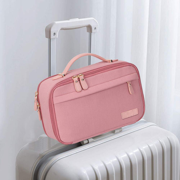Customised Label Premium Portable Double Layer Cosmetics Makeup Bag Waterproof Travel Pink Color Toiletry Bag