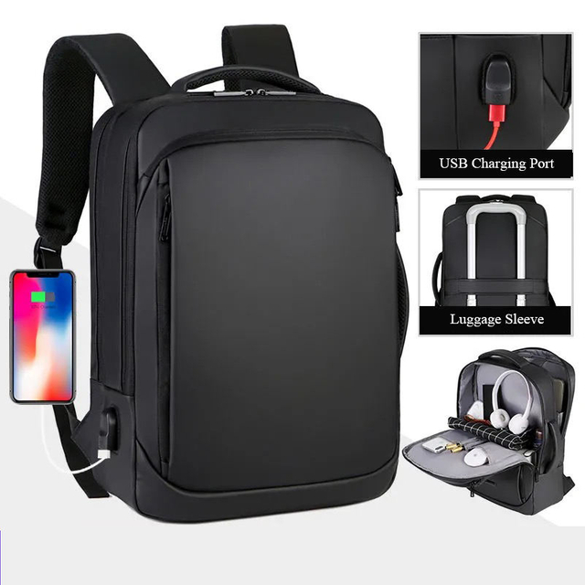 Custom Black Laptop Backpack for Men Business Travel Slim Durable Notebook Backpack with Usb Charging Port
