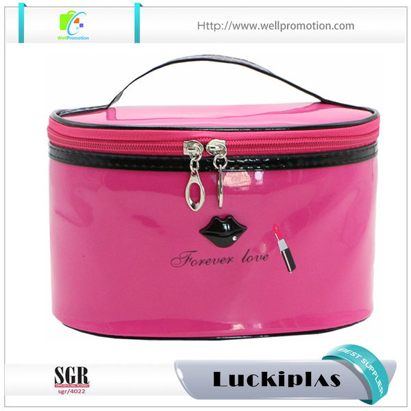 Colorful large shiny pu leather cosmetic make up bag with compartments