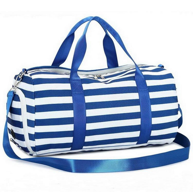 Fashion Blue Striped Women Duffle Bag Hand Carry Travel Weekend Gym Sport Duffel Bag for Yoga Swimming Fitness