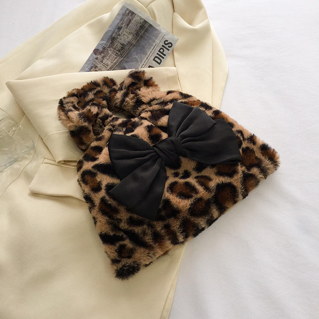 Mini Fashion Leopard Fluffy Women Handbag With Bowknot Decoration