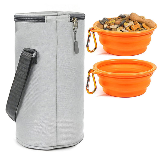 New Dog Food Dispenser Storage Containers With Collapsible Outside Walking Travel Portable Pet Feeding Bowls