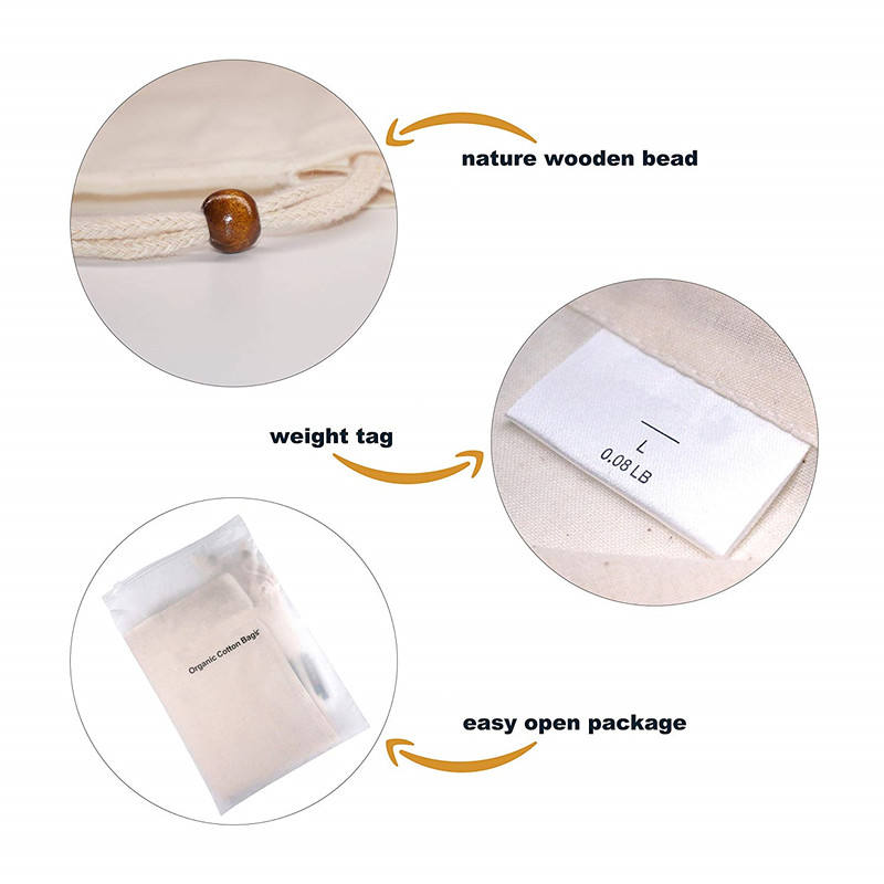 Food Grade Bulk Storage Bags - Reusable - Organic Cotton Fabric Produce Drawstring Bags - Organic Cotton Muslin Produce Bags