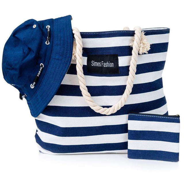 Large Canvas Beach Bag Striped Summer Shoulder Shopping Travel Tote Women Lady