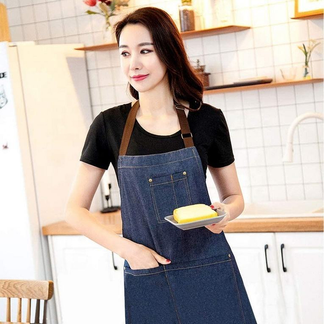 Durable denim kitchen apron good design cotton denim baking apron unisex