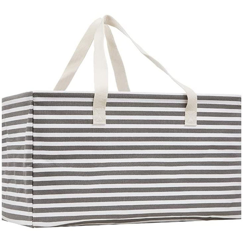 Water Resistant Grey Stripe Canvas Eco Foldable Grocery Shopping Carry Bag Laundry Storage Collapsible Utility Tote Bag