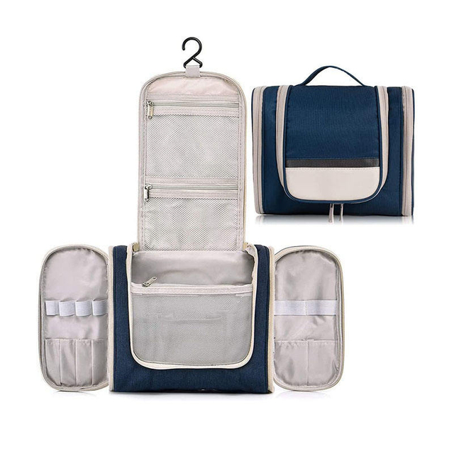Blue Waterproof High Quality Polyester Travel Women Men Cosmetic Bags Toiletry Bag with Hanging Hook