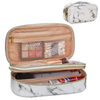 Travel Custom Logo Marble Make Up Bags Double Layer Cosmetic Bag PU Leather Toiletry Organizer With Makeup Brush Holder