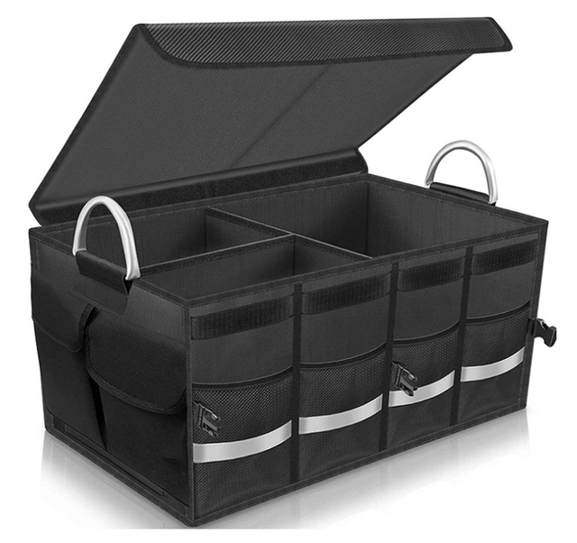 Black Car Trunk Organizer Cargo Collapsible Storage Durable Multi Compartments Aluminium Alloy Handle Car Storage Organizer