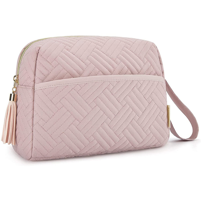 Roomy Quilted Peach-skin Women Cosmetic Pouch for Purse Travel Zipper Makeup Bag Toiletry Cosmetic Organizer