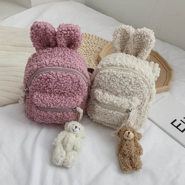 Children kids smart shoulder daypack soft lamb wool plush small cute backpacks for teenage girls