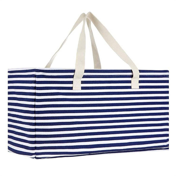Water Resistant Stripe Canvas Eco Foldable Grocery Shopping Bag Laundry Storage Collapsible Utility Tote Bag