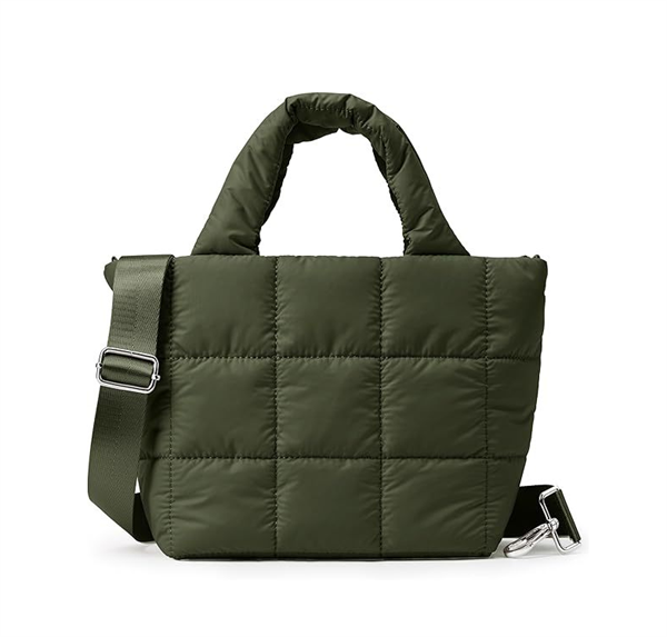 Quilted Puffer Tote Bag Nylon Zipper Winter Fashion Portable Green Color Puffy Handbag with Adjustable Straps