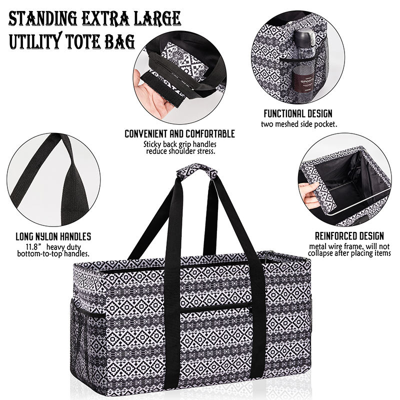 Collapsible grocery shopping storage organizer bags foldable reusable extra large utility tote bag with metal wire frame